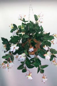 Artificial Fuschia in cane hanging basket - single